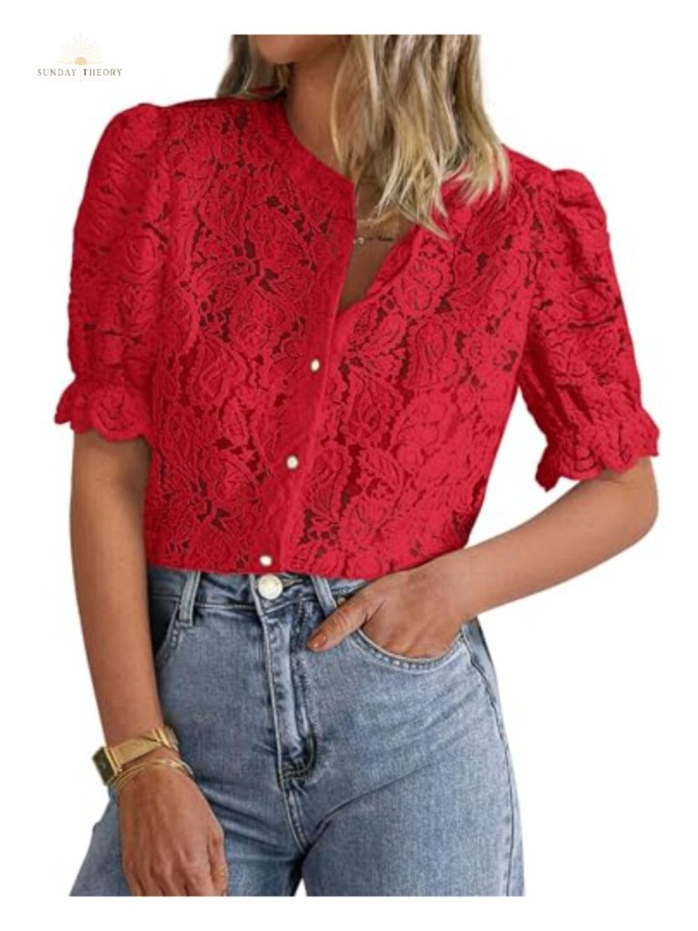 Lace Button Down Blouse Short Puff Sleeve Crew Neck